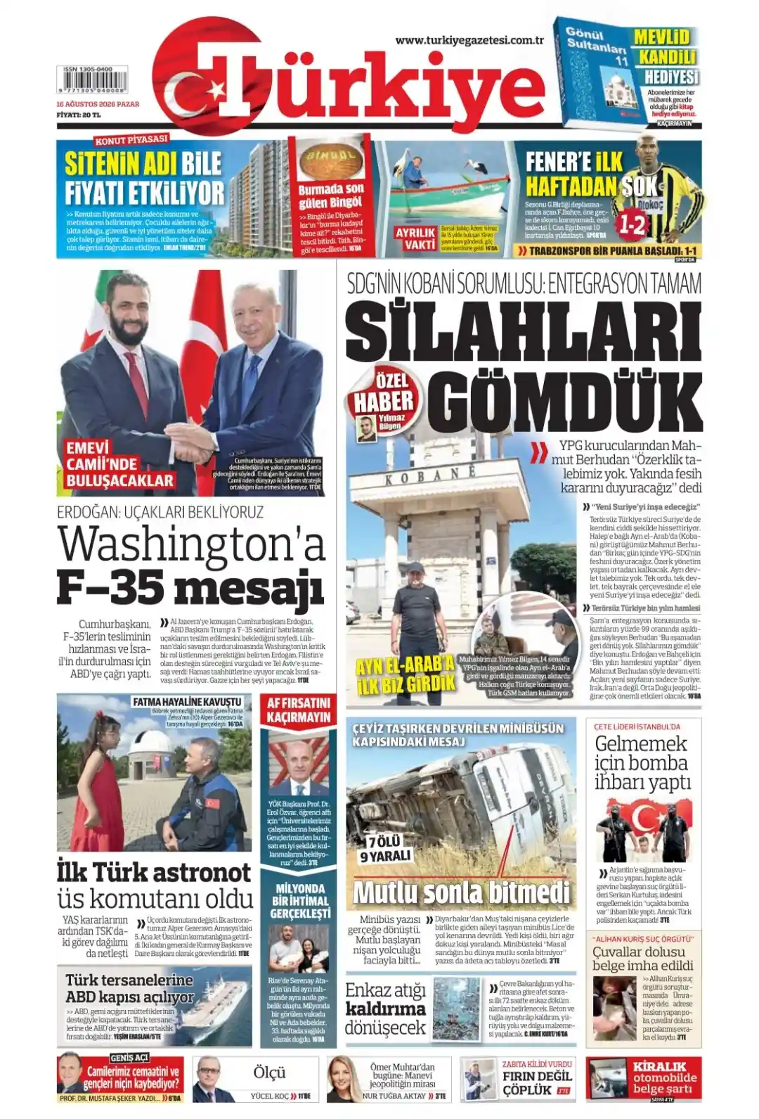 Türkiye Gazetesi gazetesi 16 Ağustos 2026 manşeti