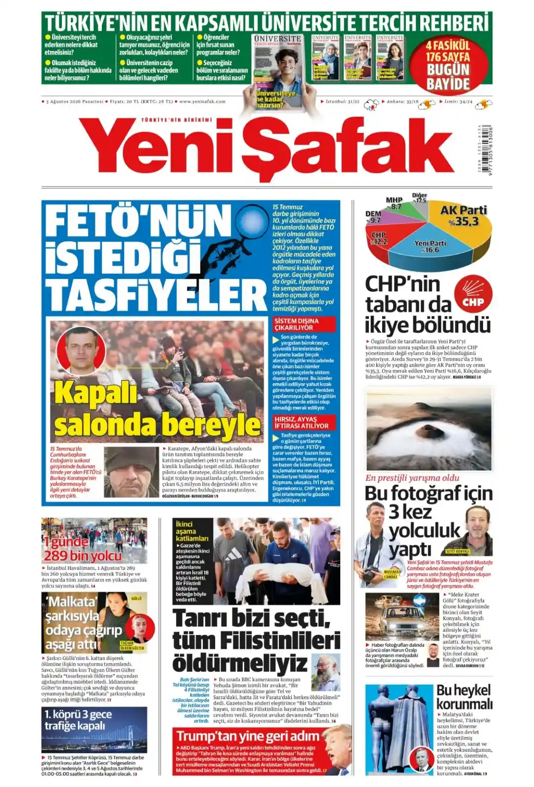 Yeni Şafak Gazetesi gazetesi 03 Ağustos 2026 manşeti