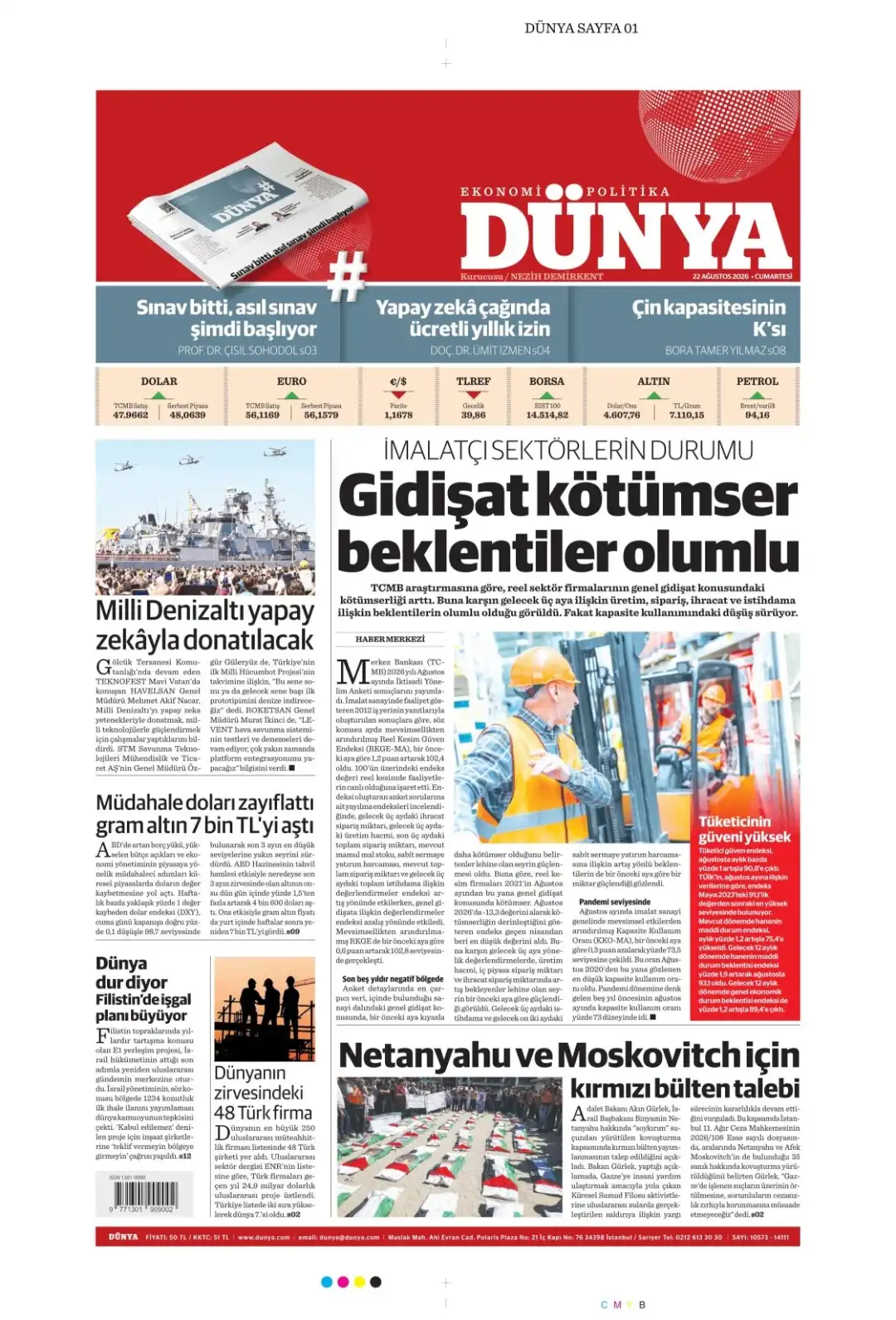 Dünya Gazetesi gazetesi 22 Ağustos 2026 manşeti