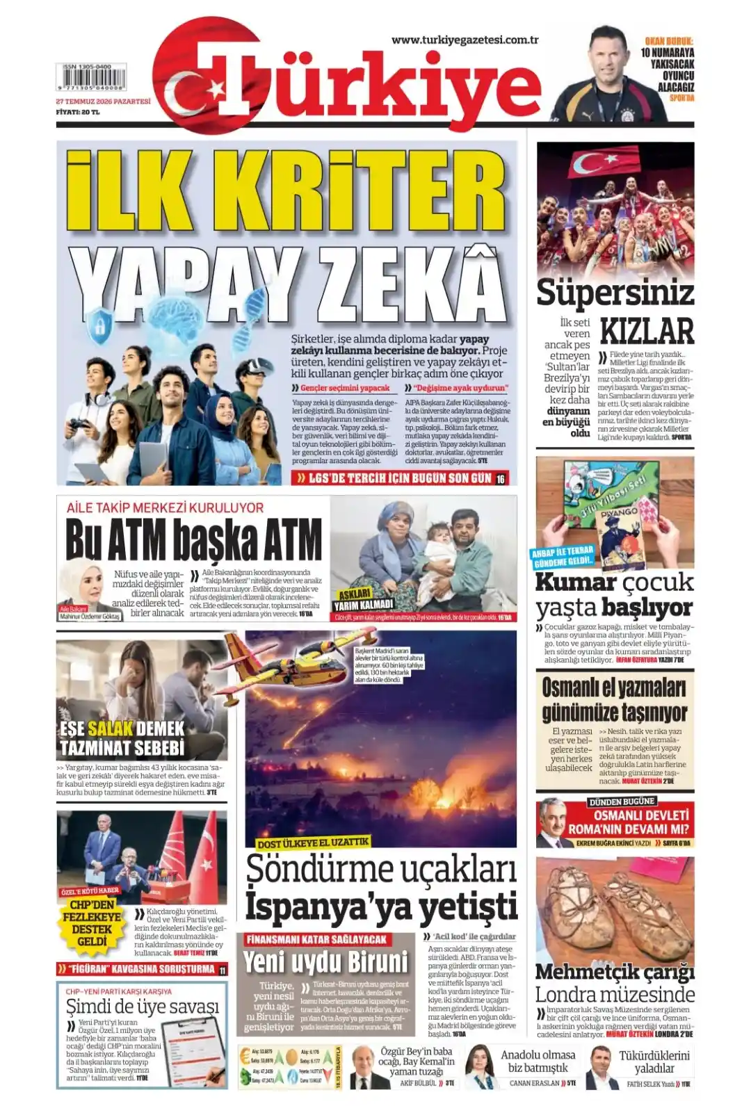 Türkiye Gazetesi gazetesi 27 Temmuz 2026 manşeti