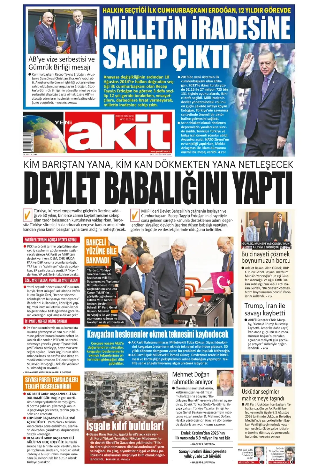 Yeni Akit Gazetesi gazetesi 11 Ağustos 2026 manşeti