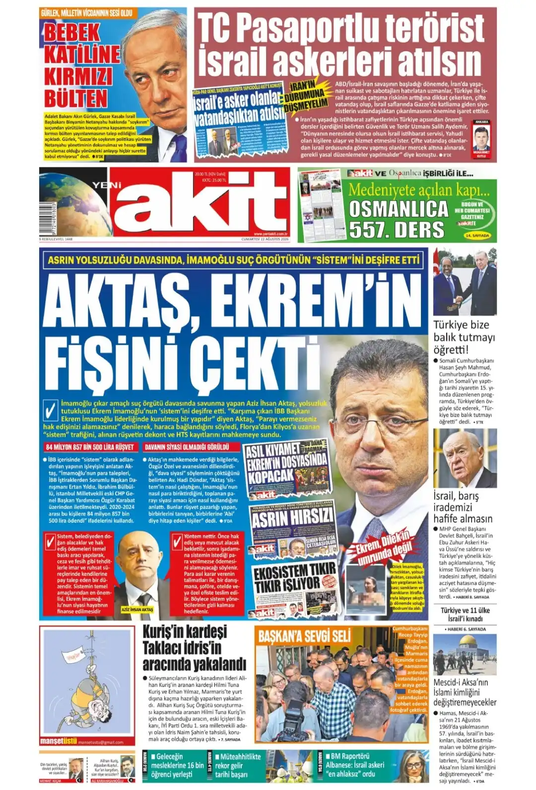 Yeni Akit Gazetesi gazetesi 22 Ağustos 2026 manşeti