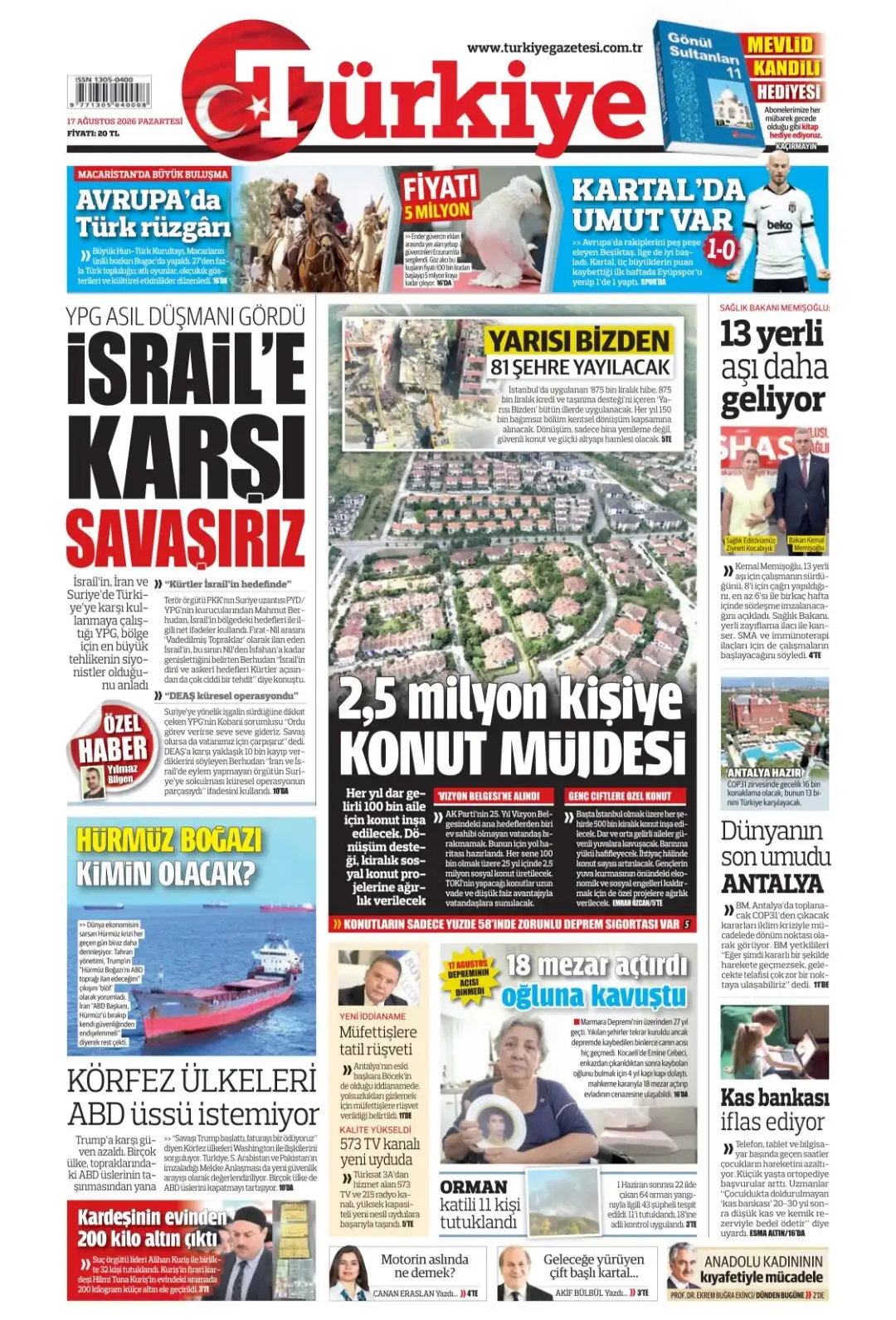 Türkiye Gazetesi gazetesi 17 Ağustos 2026 manşeti