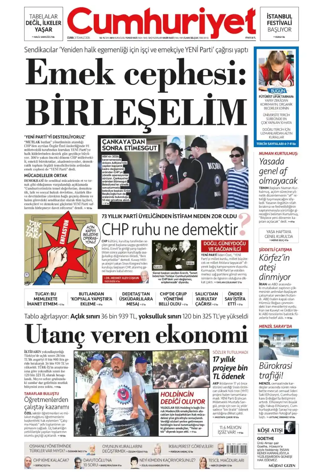 Cumhuriyet Gazetesi gazetesi 31 Temmuz 2026 manşeti