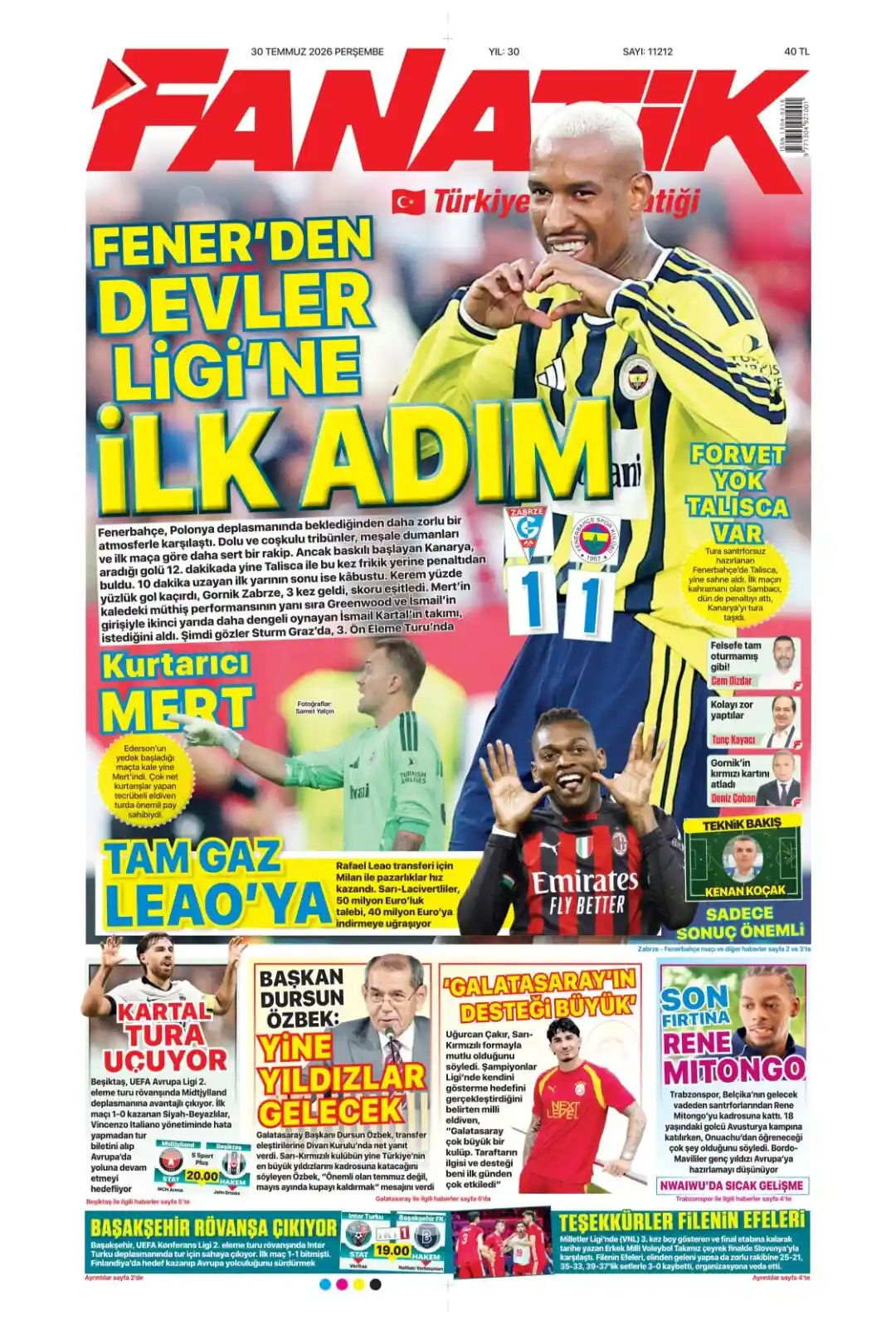 Fanatik Gazetesi gazetesi 30 Temmuz 2026 manşeti