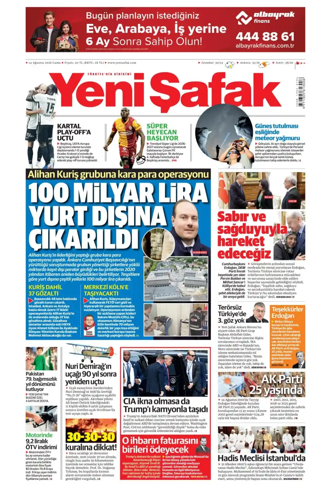 Yeni Şafak Gazetesi gazetesi 14 Ağustos 2026 manşeti