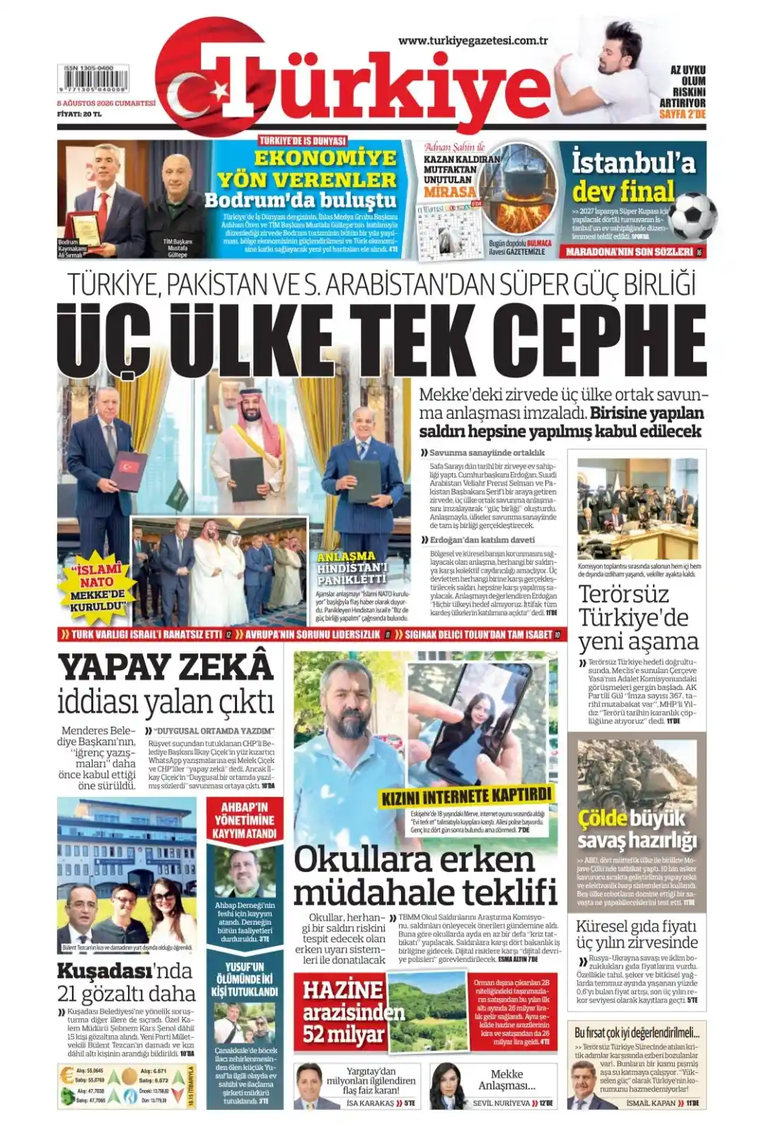 Türkiye Gazetesi gazetesi 08 Ağustos 2026 manşeti