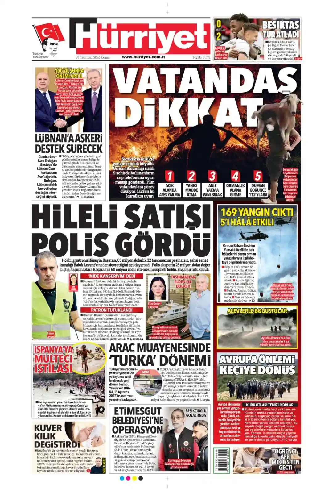 Hürriyet Gazetesi gazetesi 31 Temmuz 2026 manşeti