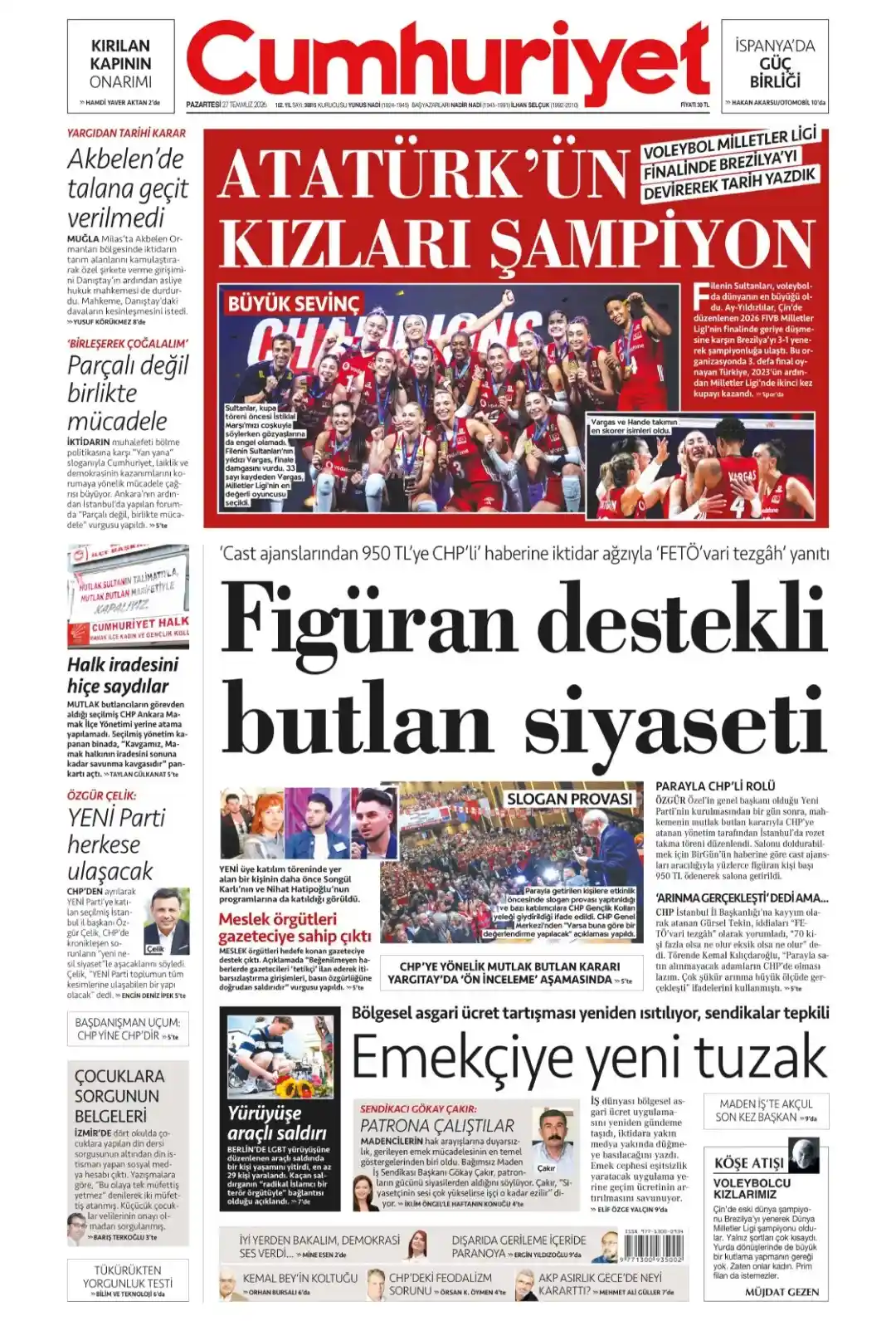 Cumhuriyet Gazetesi gazetesi 27 Temmuz 2026 manşeti