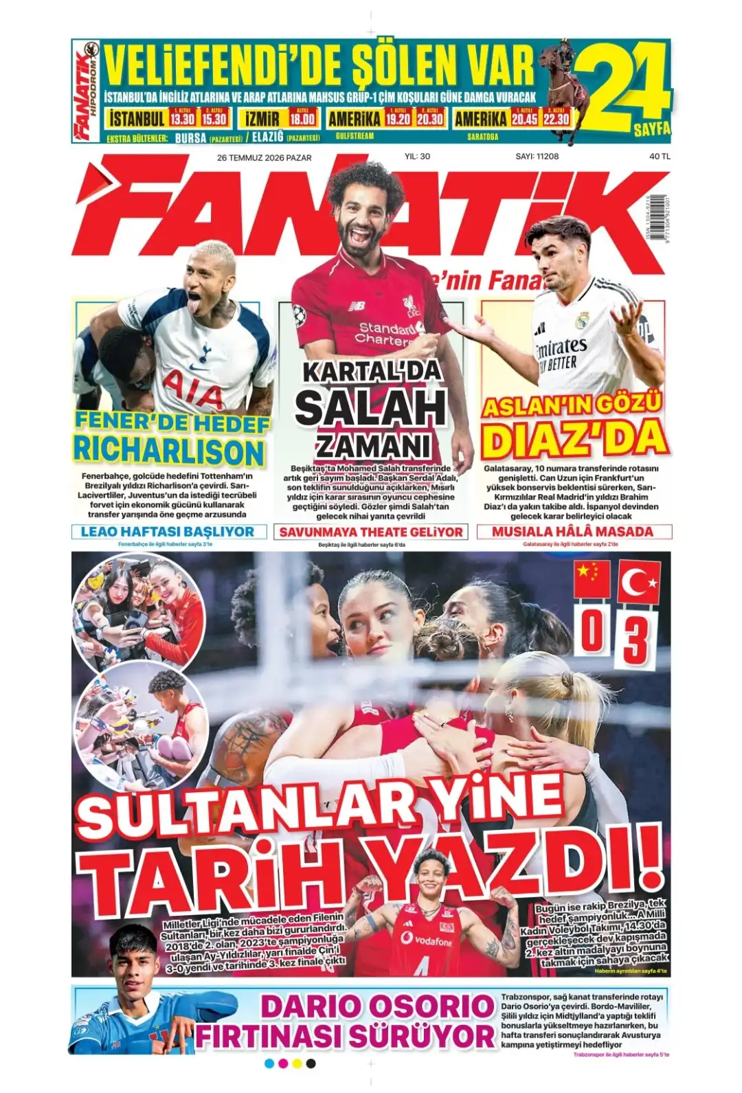 Fanatik Gazetesi gazetesi 26 Temmuz 2026 manşeti