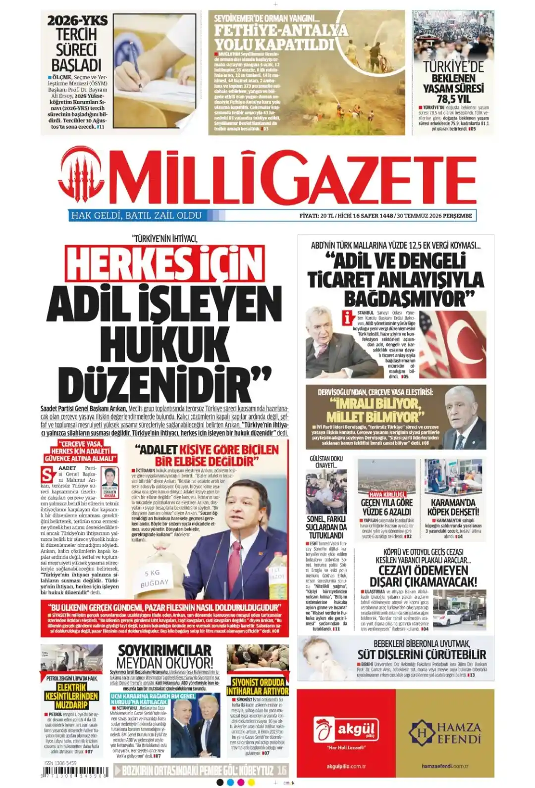 Milli Gazete gazetesi 30 Temmuz 2026 manşeti
