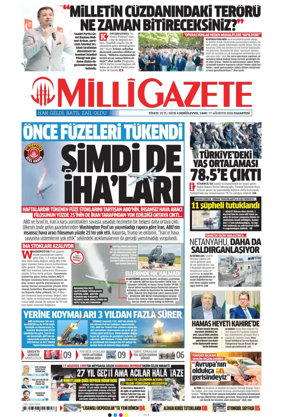 Milli Gazete gazetesi 17 Ağustos 2026 manşeti