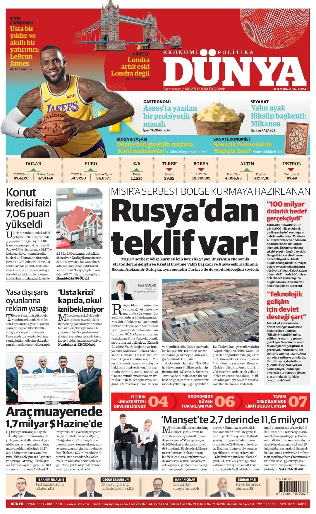 Dünya Gazetesi gazetesi 31 Temmuz 2026 manşeti