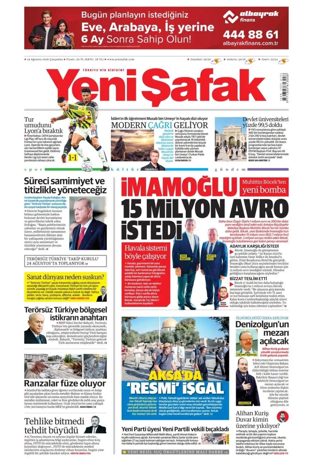 Yeni Şafak Gazetesi gazetesi 19 Ağustos 2026 manşeti