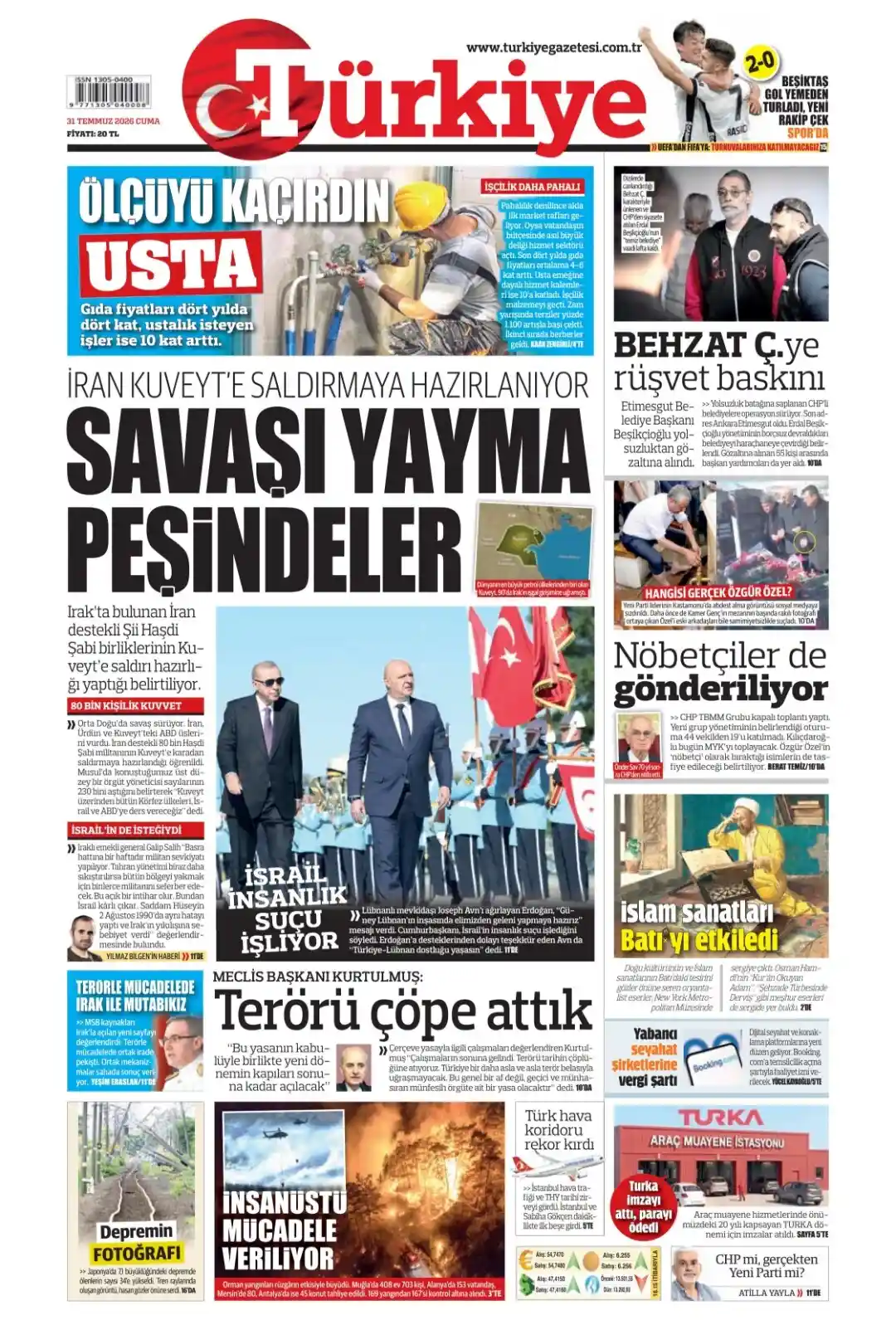 Türkiye Gazetesi gazetesi 31 Temmuz 2026 manşeti
