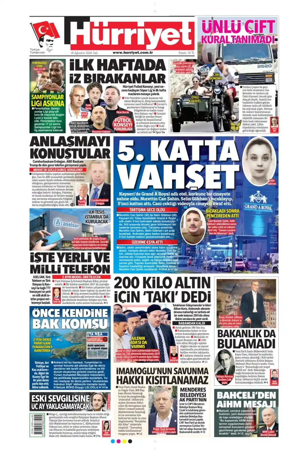 Hürriyet Gazetesi gazetesi 18 Ağustos 2026 manşeti