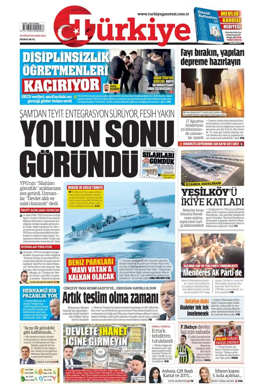 Türkiye Gazetesi gazetesi 18 Ağustos 2026 manşeti