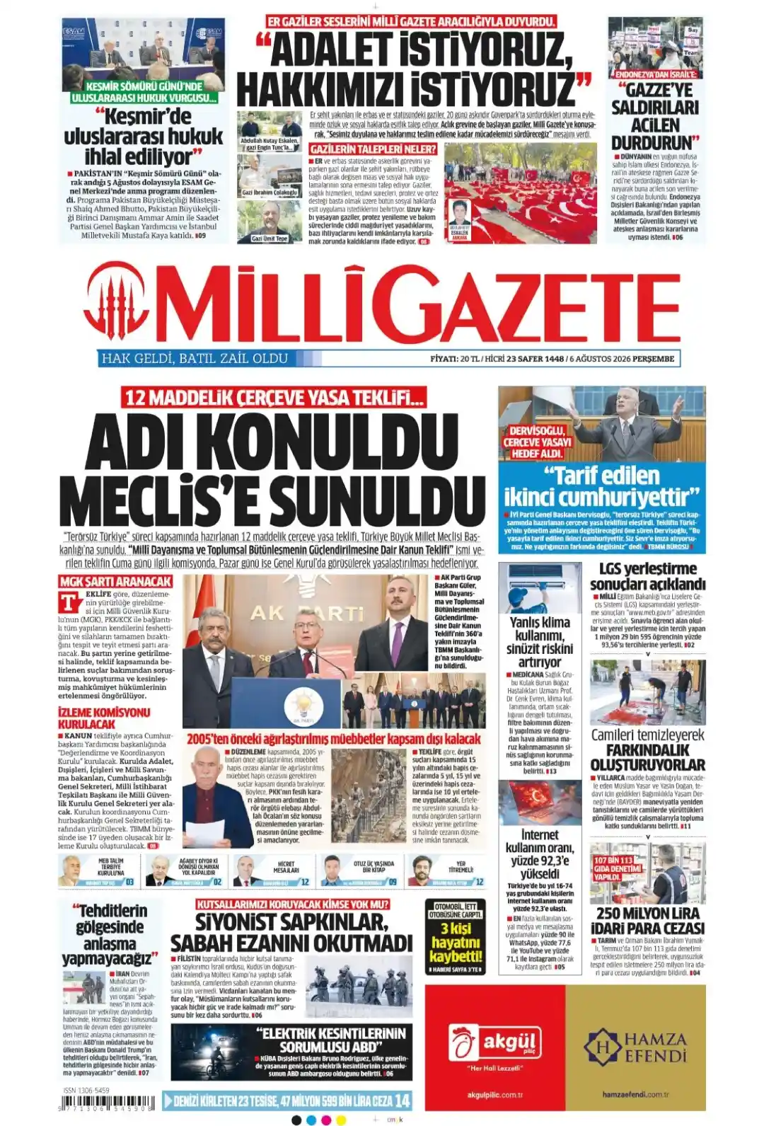 Milli Gazete gazetesi 06 Ağustos 2026 manşeti