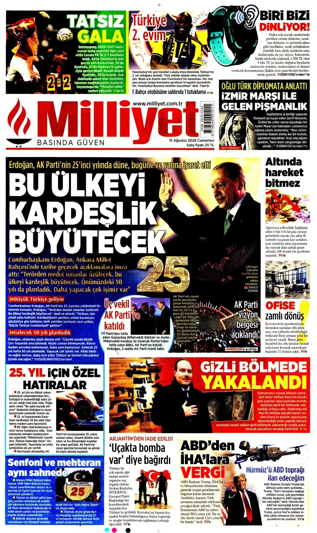Milliyet Gazetesi gazetesi 15 Ağustos 2026 manşeti