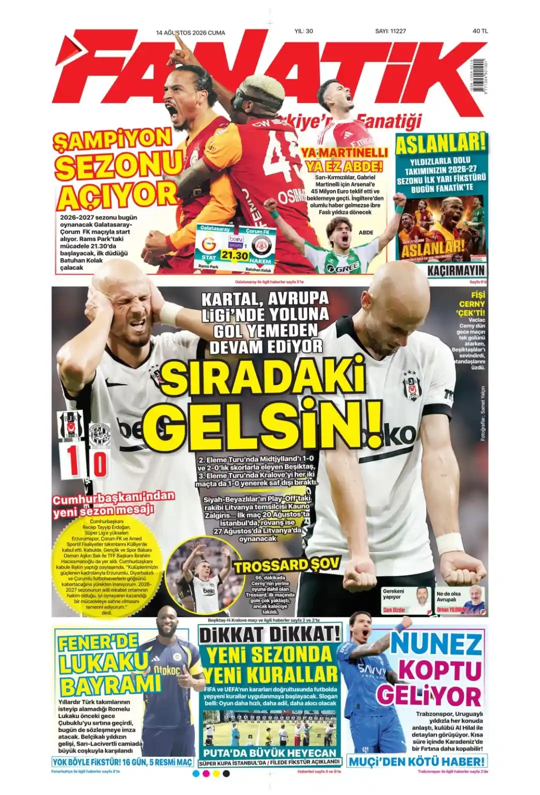 Fanatik Gazetesi gazetesi 14 Ağustos 2026 manşeti
