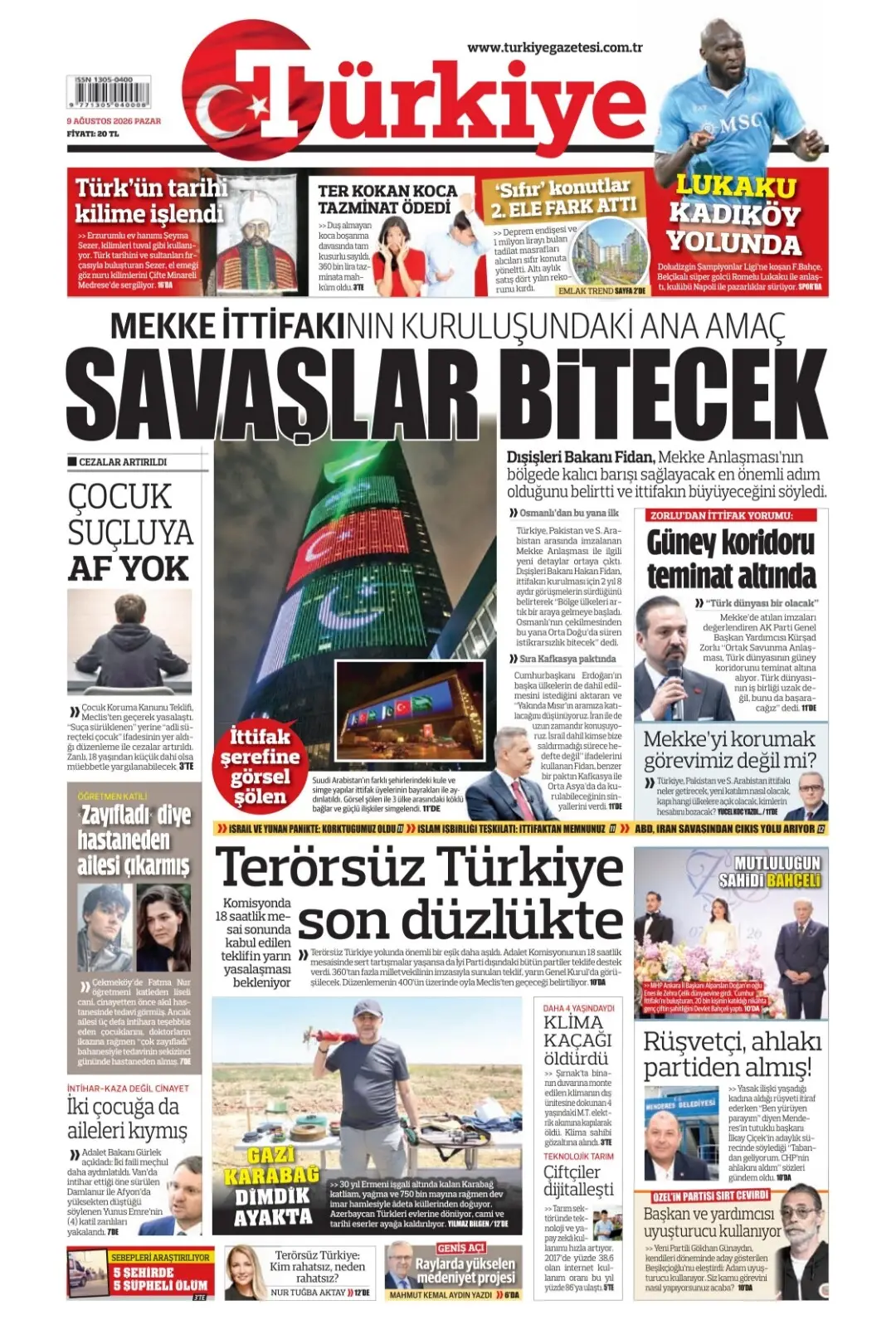 Türkiye Gazetesi gazetesi 09 Ağustos 2026 manşeti
