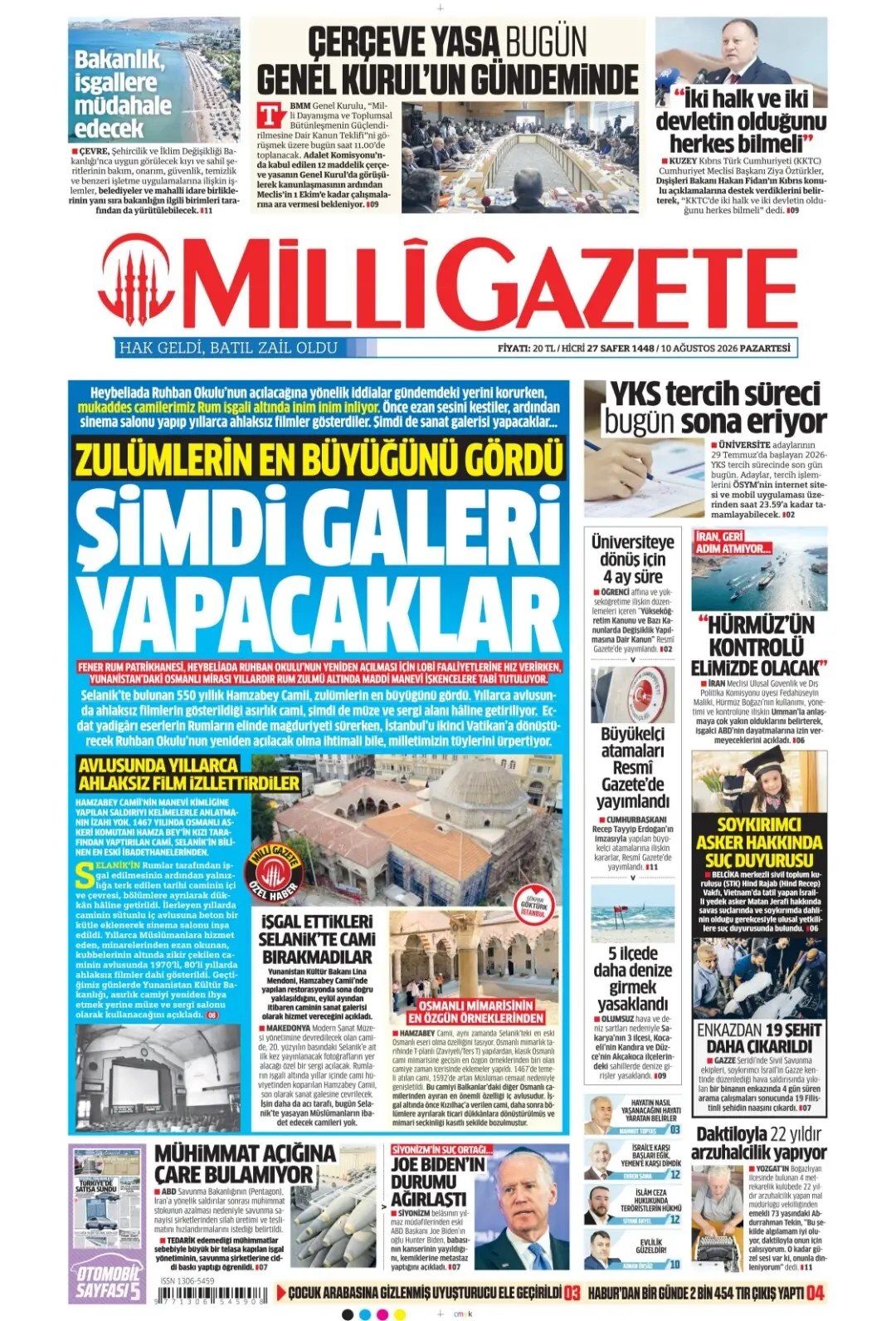 Milli Gazete gazetesi 10 Ağustos 2026 manşeti