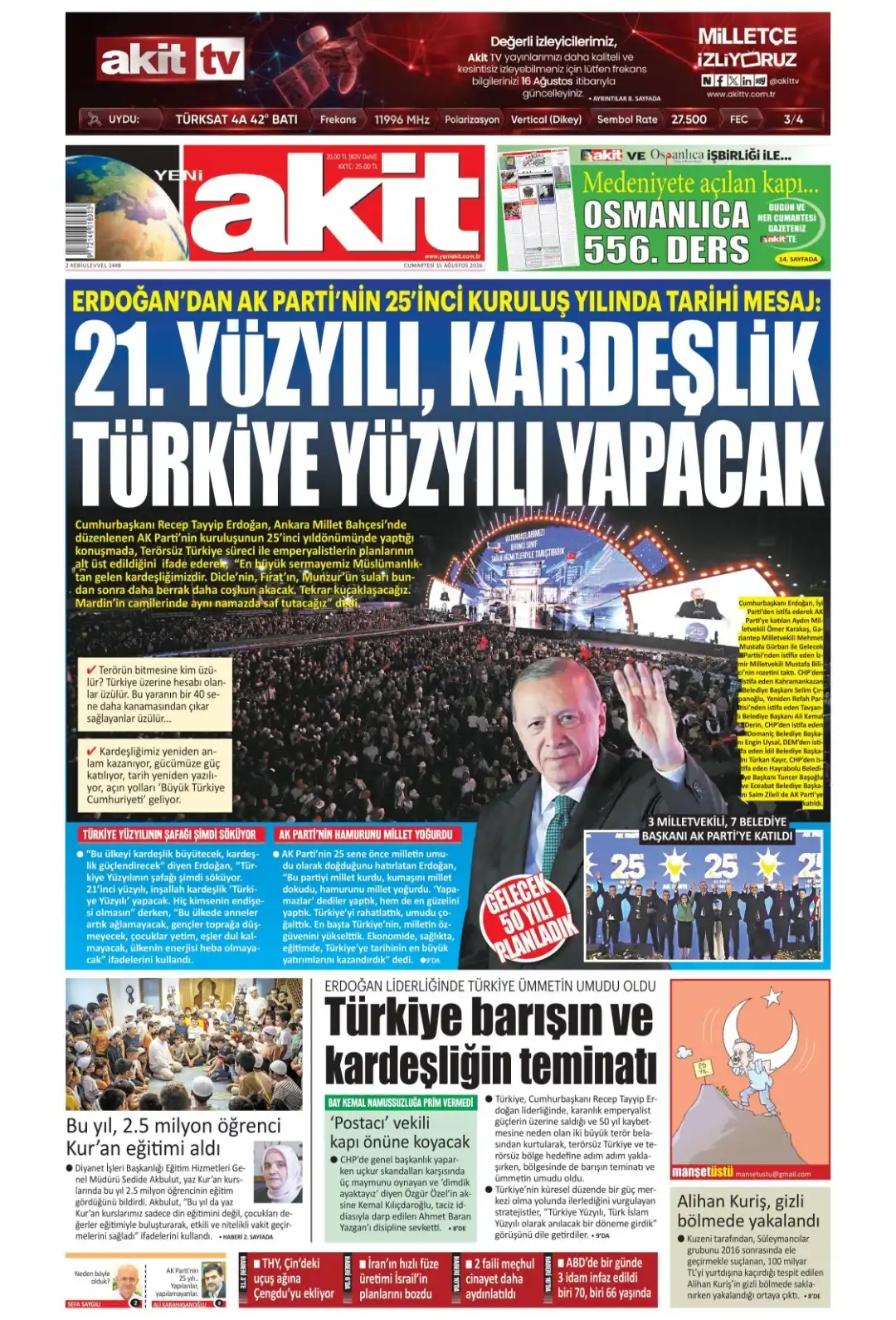 Yeni Akit Gazetesi gazetesi 15 Ağustos 2026 manşeti