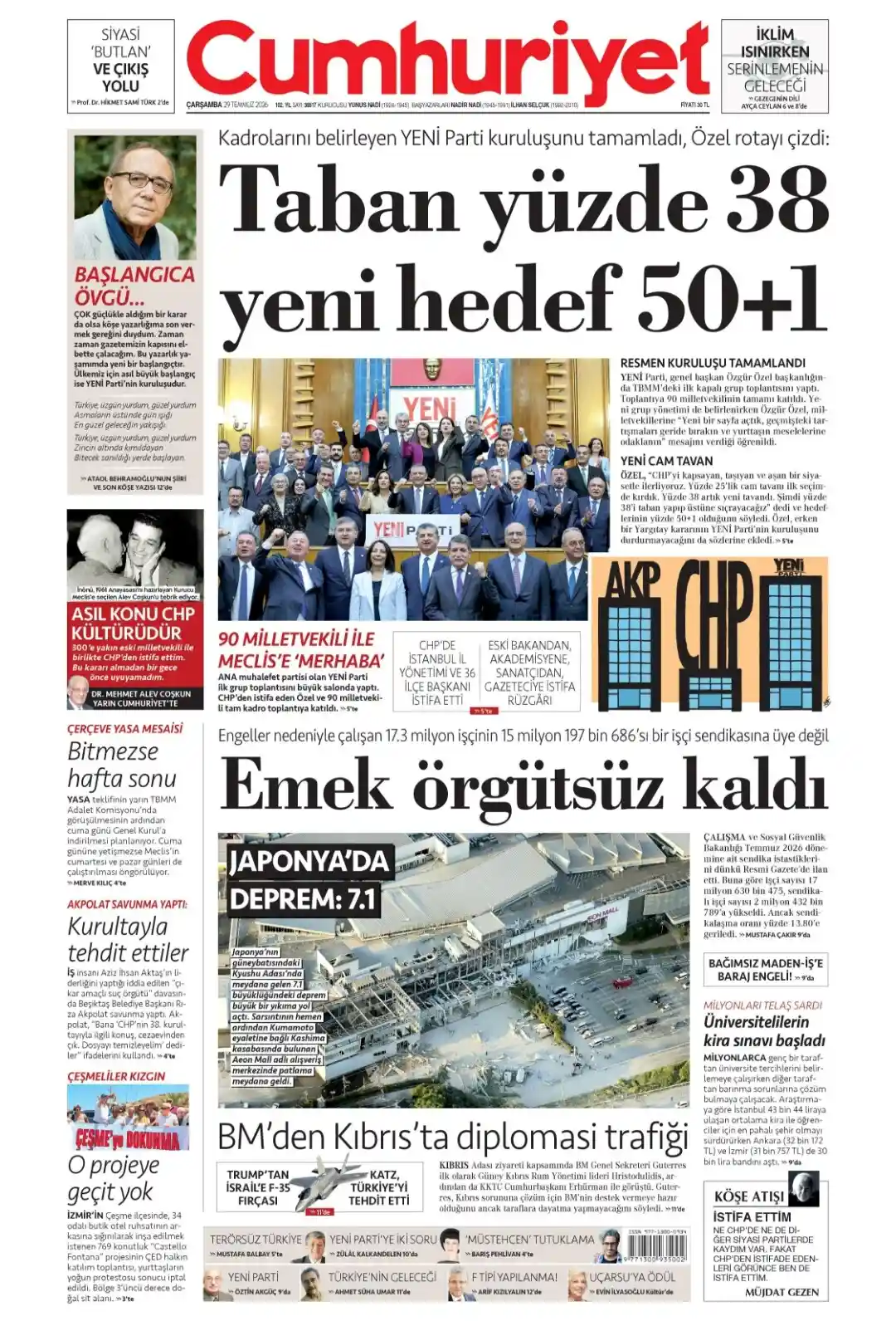 Cumhuriyet Gazetesi gazetesi 29 Temmuz 2026 manşeti
