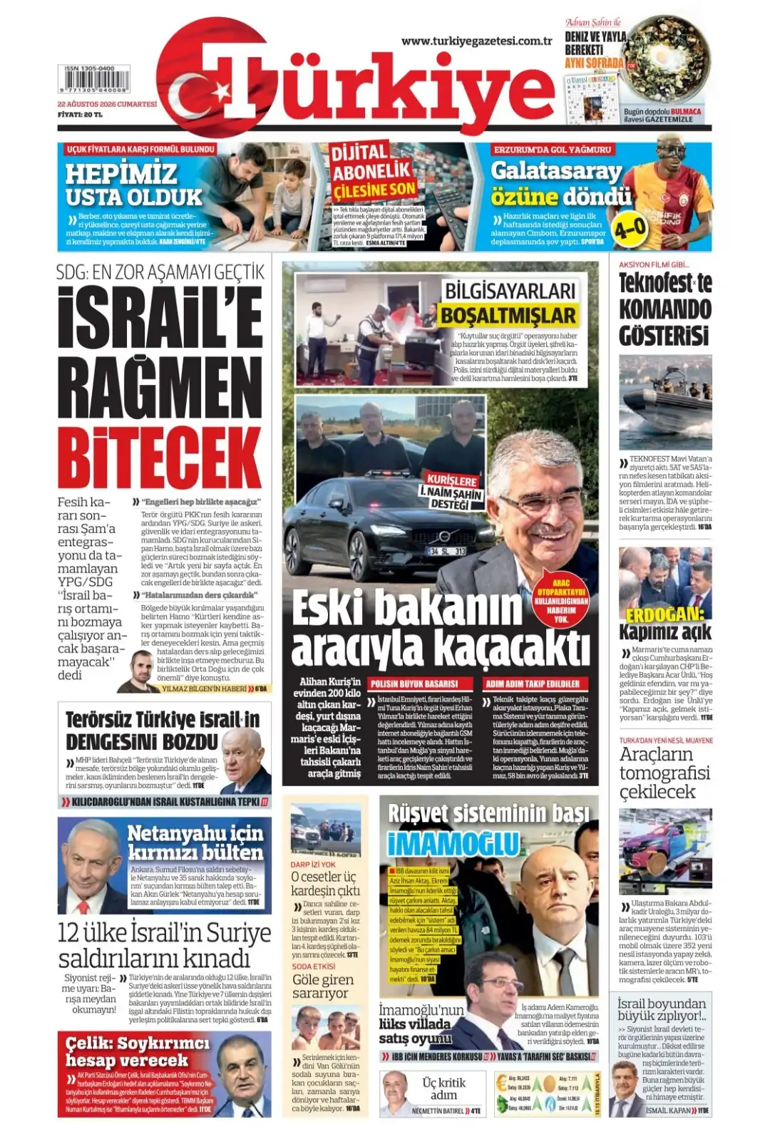 Türkiye Gazetesi gazetesi 22 Ağustos 2026 manşeti