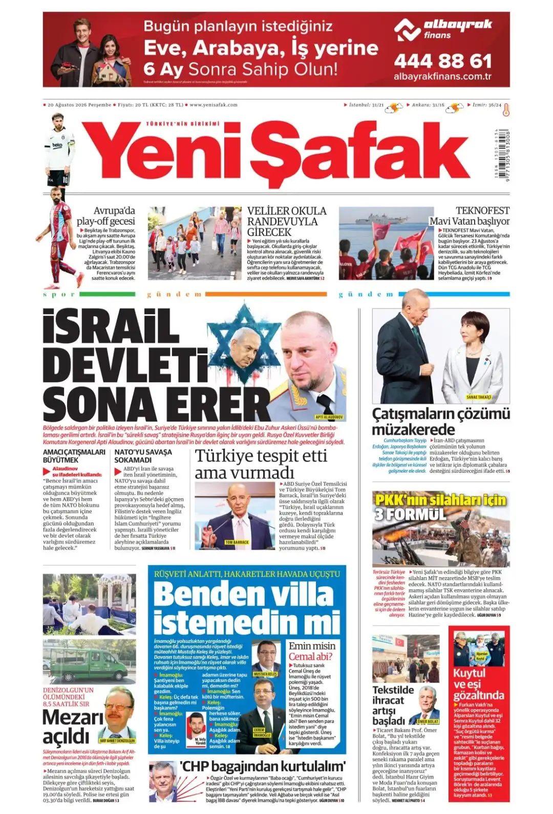 Yeni Şafak Gazetesi gazetesi 20 Ağustos 2026 manşeti