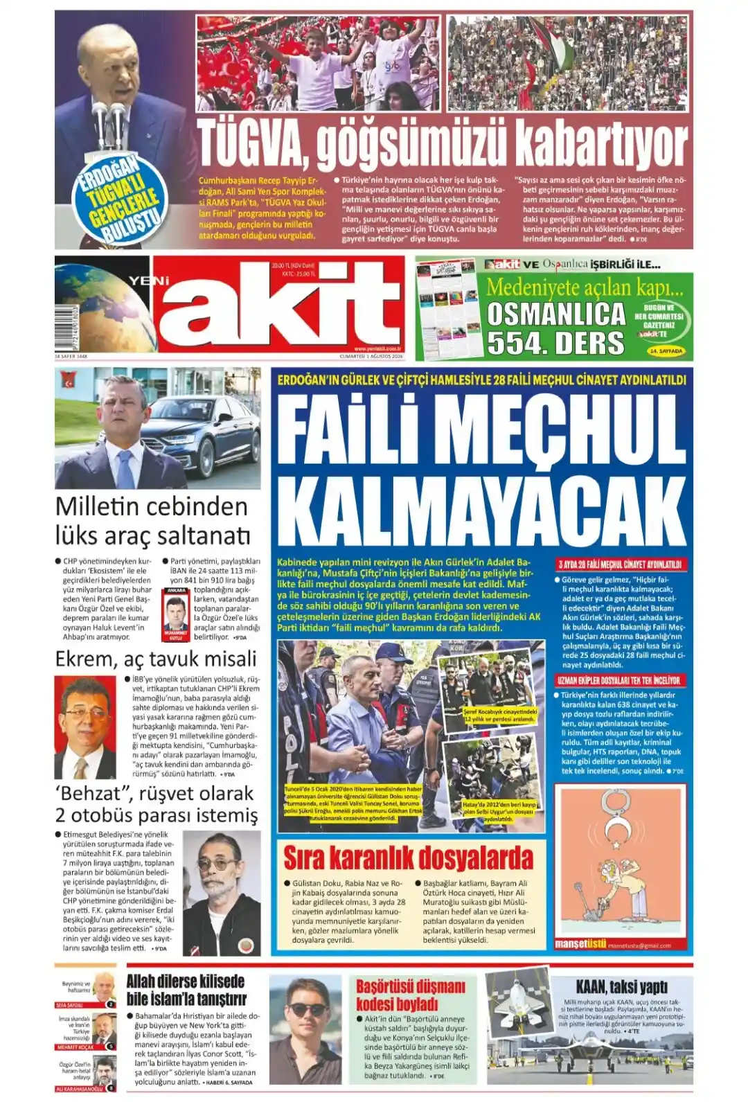 Yeni Akit Gazetesi gazetesi 01 Ağustos 2026 manşeti
