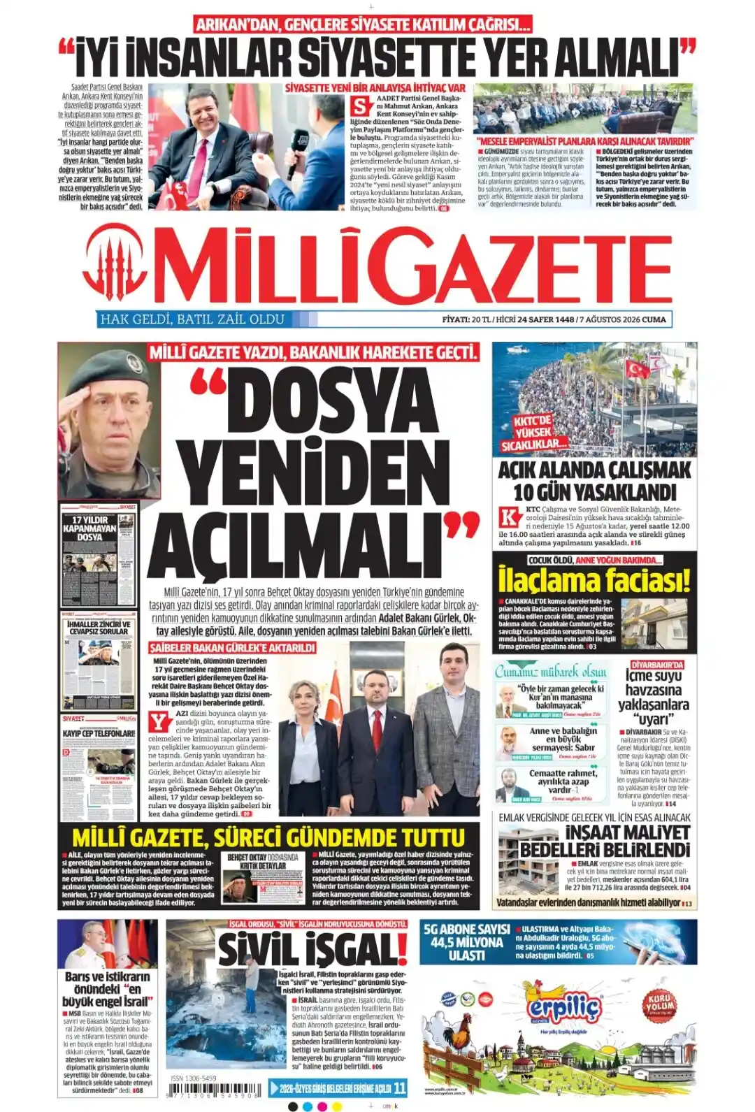 Milli Gazete gazetesi 07 Ağustos 2026 manşeti