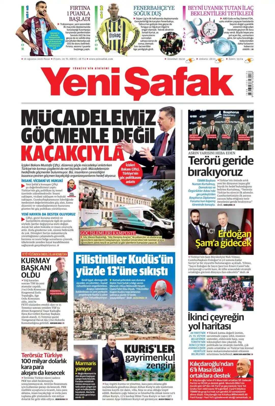 Yeni Şafak Gazetesi gazetesi 16 Ağustos 2026 manşeti