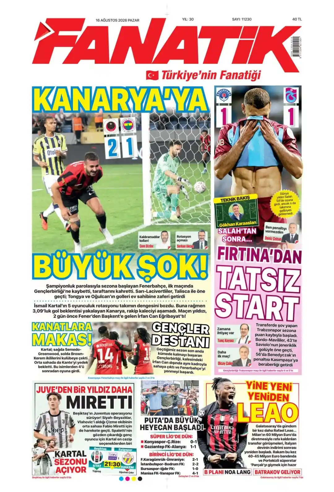 Fanatik Gazetesi gazetesi 16 Ağustos 2026 manşeti