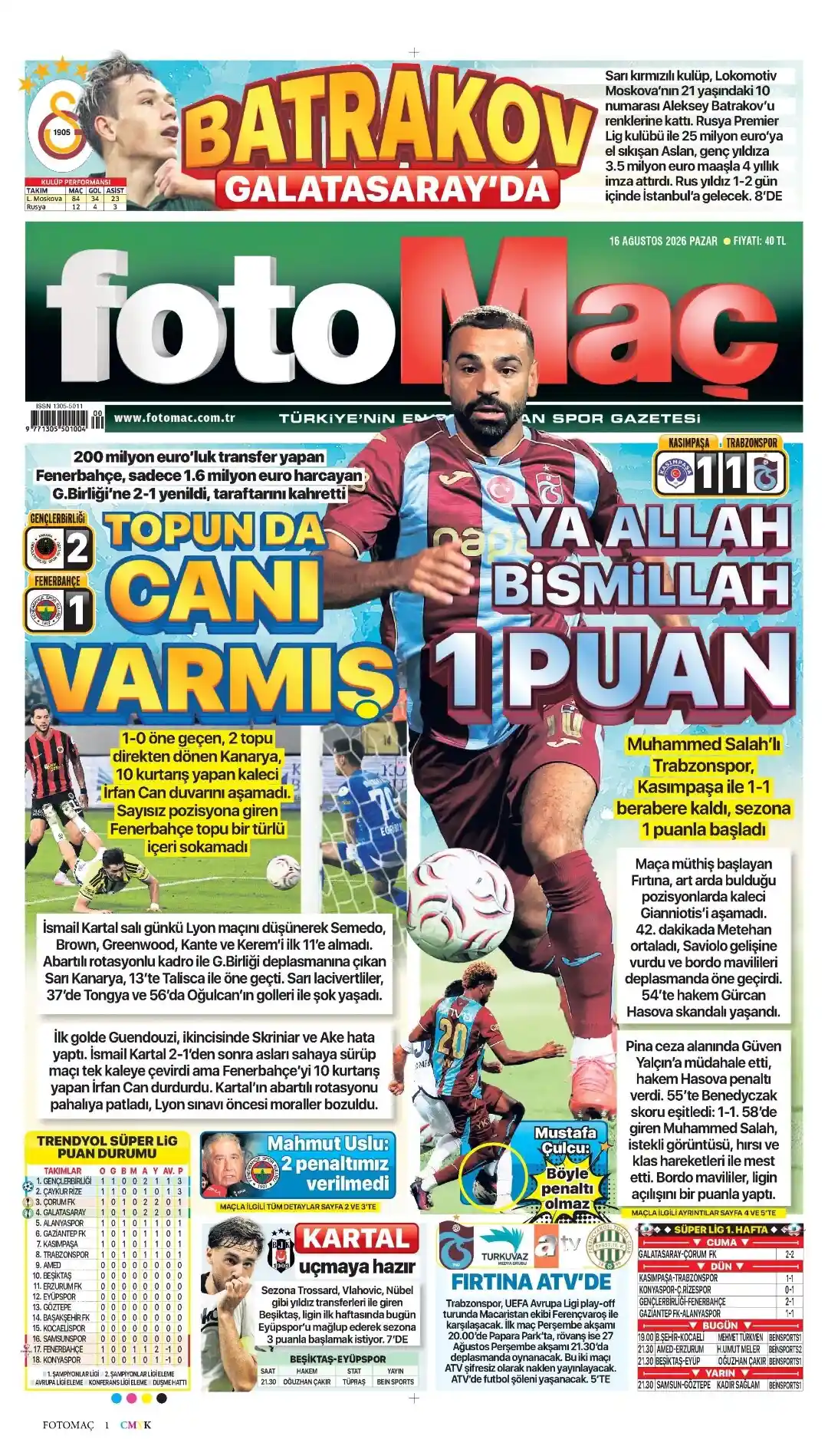 Fotomaç Gazetesi gazetesi 16 Ağustos 2026 manşeti
