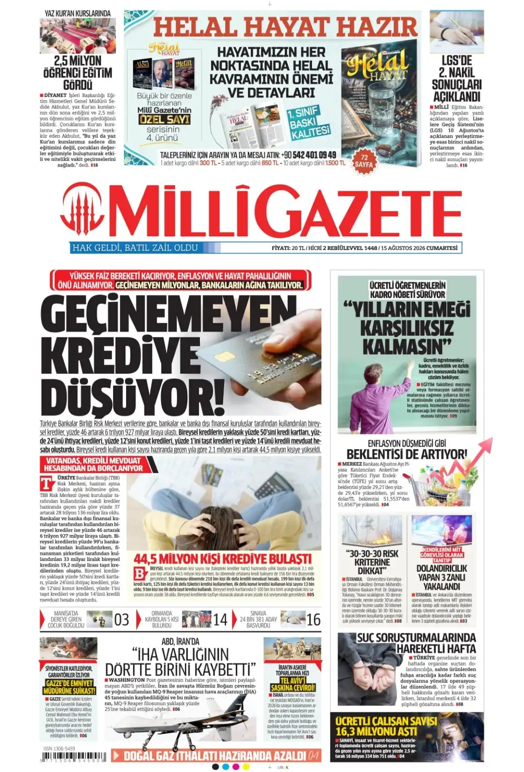 Milli Gazete gazetesi 15 Ağustos 2026 manşeti