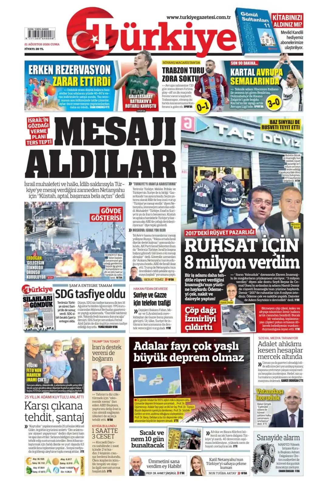 Türkiye Gazetesi gazetesi 21 Ağustos 2026 manşeti