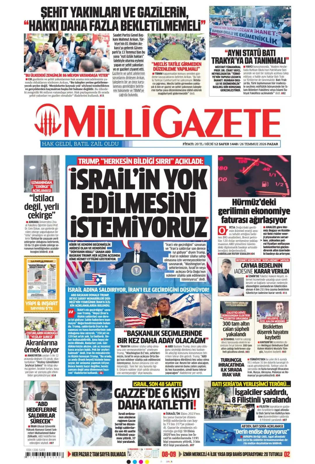 Milli Gazete gazetesi 26 Temmuz 2026 manşeti
