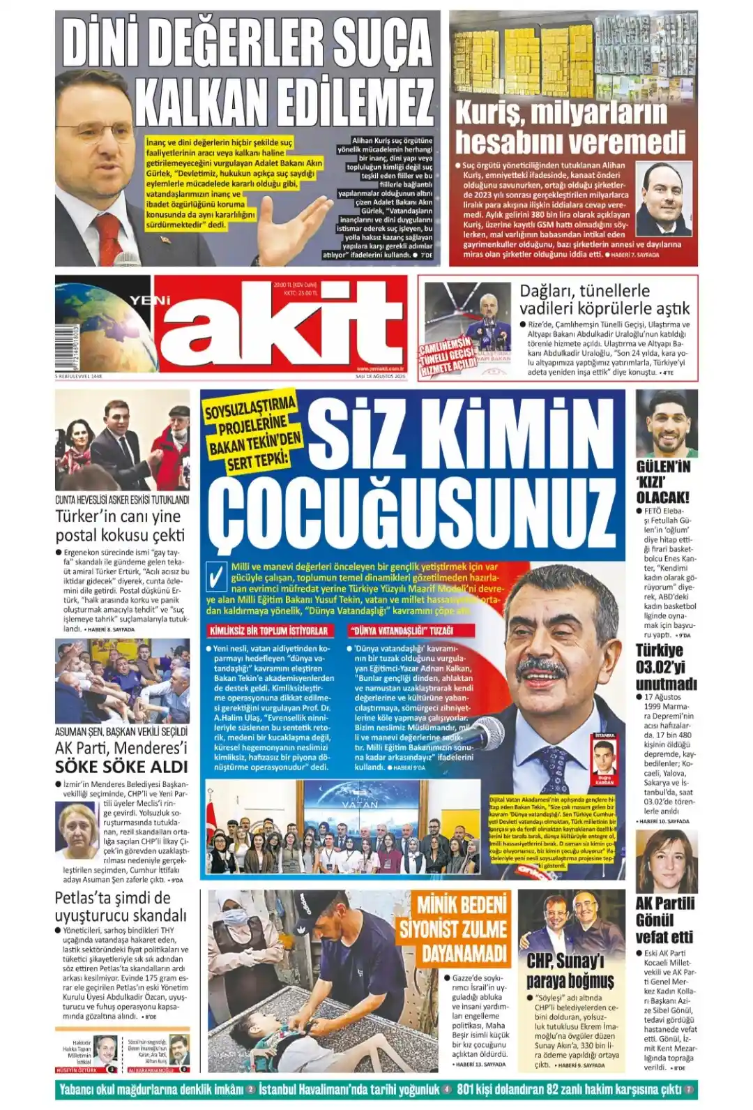 Yeni Akit Gazetesi gazetesi 18 Ağustos 2026 manşeti