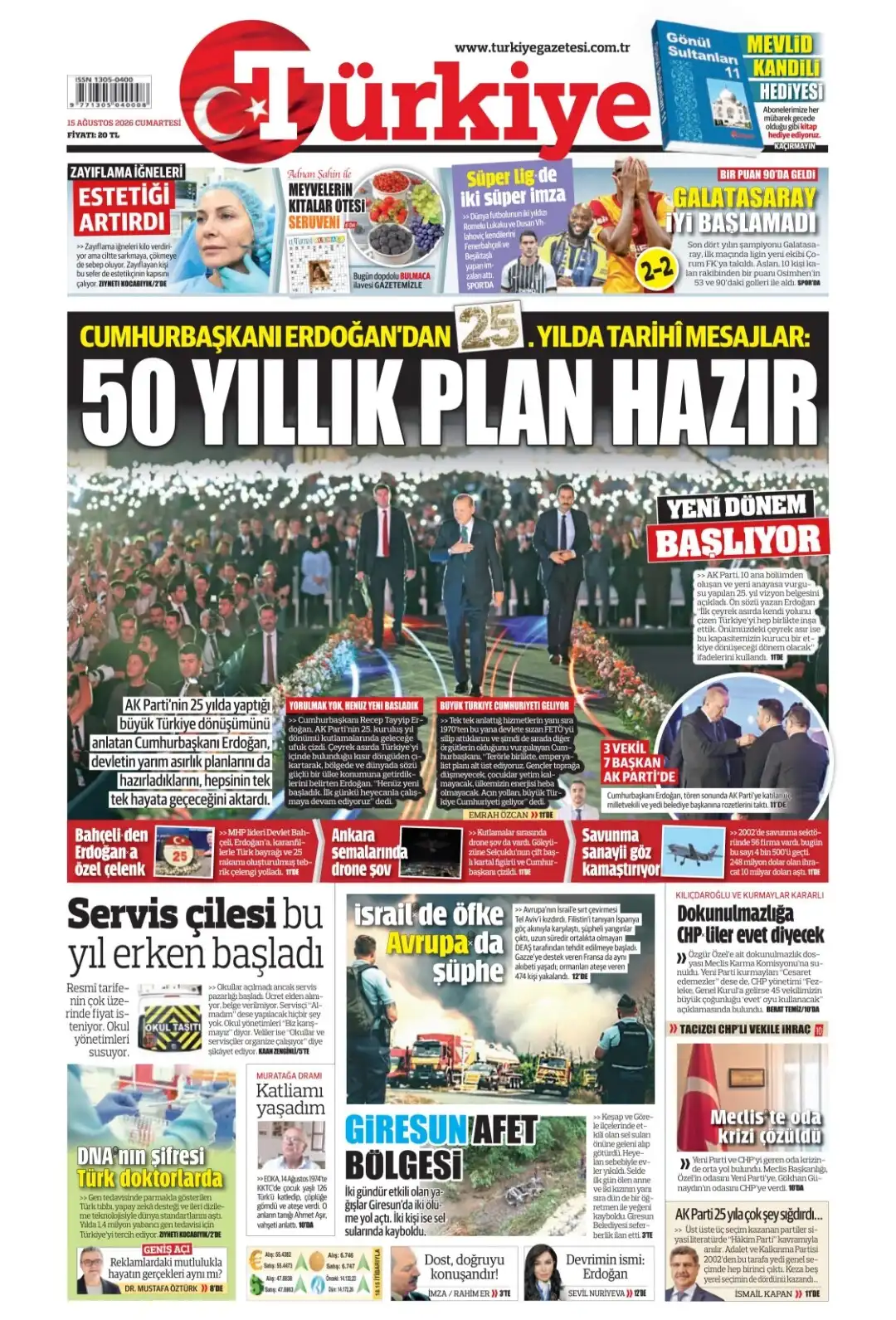Türkiye Gazetesi gazetesi 15 Ağustos 2026 manşeti