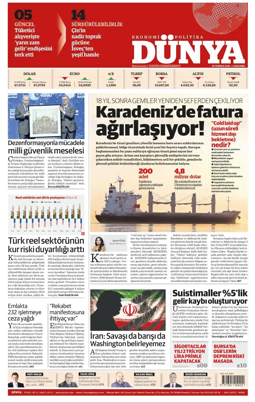 Dünya Gazetesi gazetesi 29 Temmuz 2026 manşeti