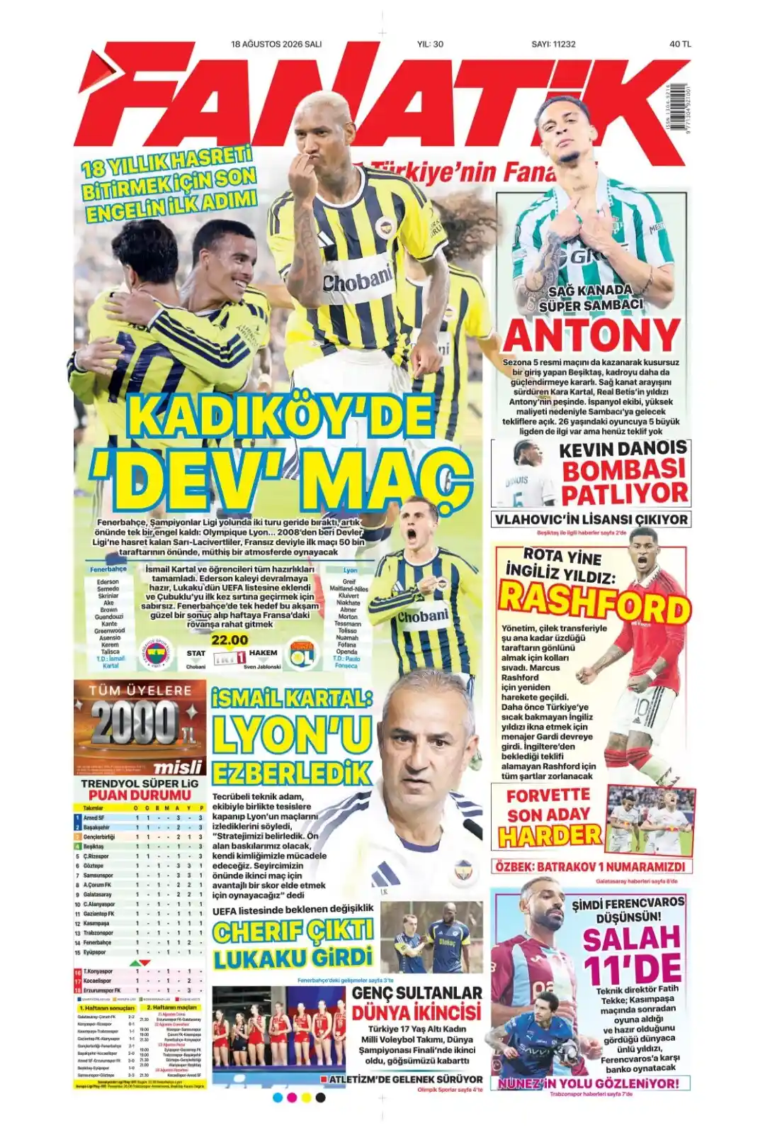 Fanatik Gazetesi gazetesi 18 Ağustos 2026 manşeti