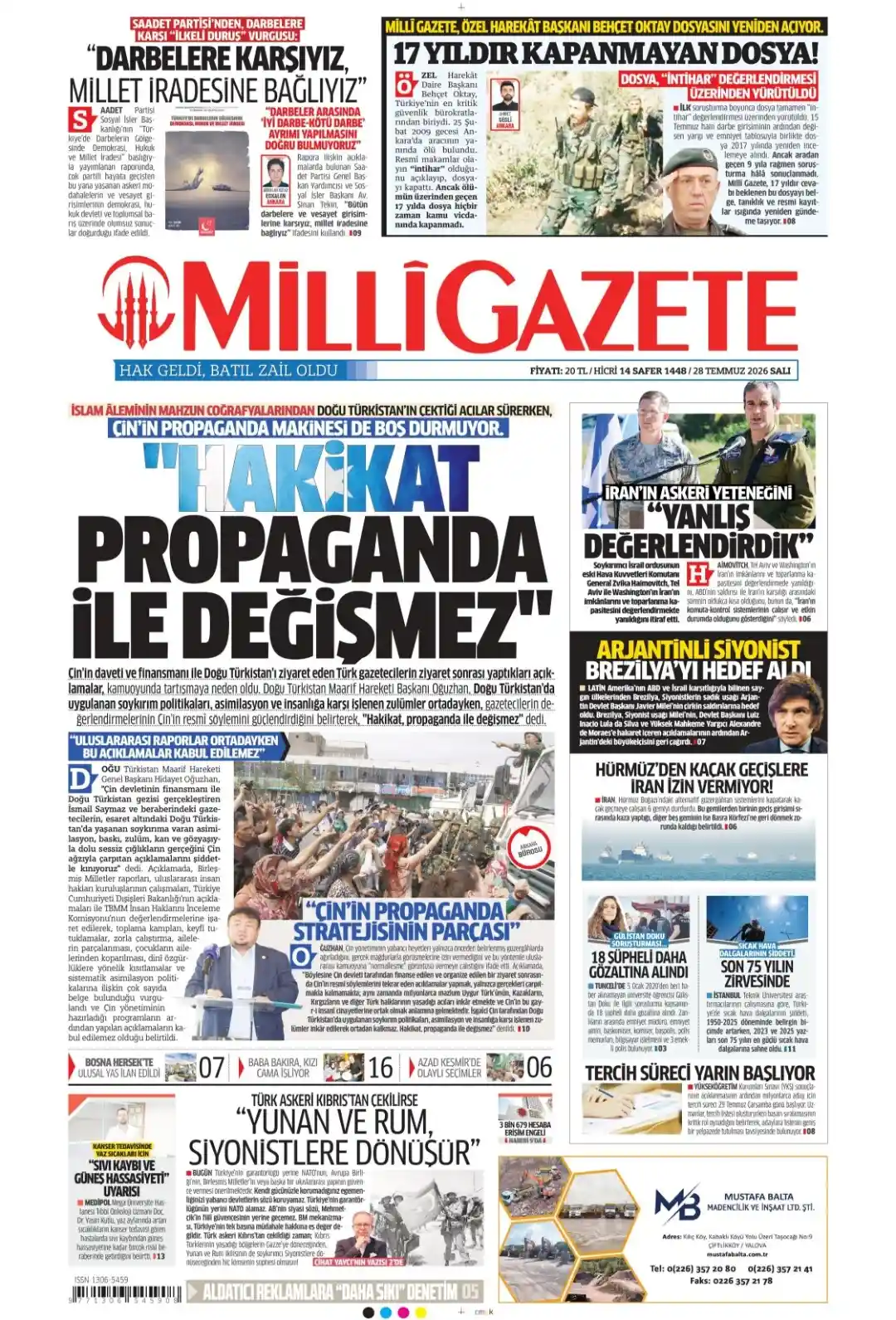 Milli Gazete gazetesi 28 Temmuz 2026 manşeti