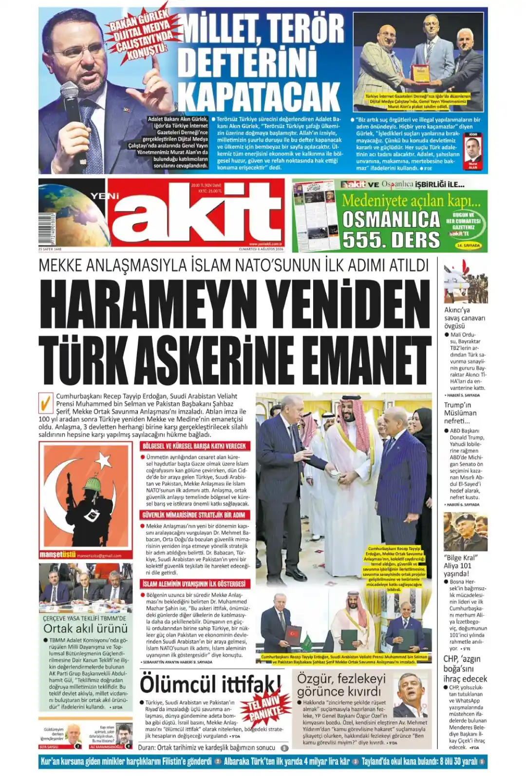 Yeni Akit Gazetesi gazetesi 08 Ağustos 2026 manşeti