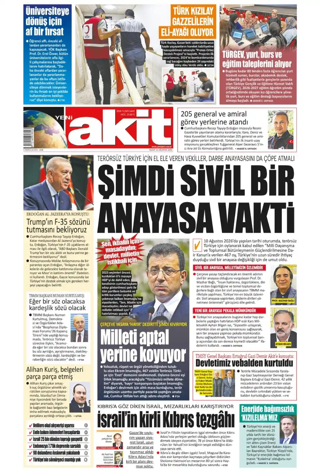 Yeni Akit Gazetesi gazetesi 16 Ağustos 2026 manşeti