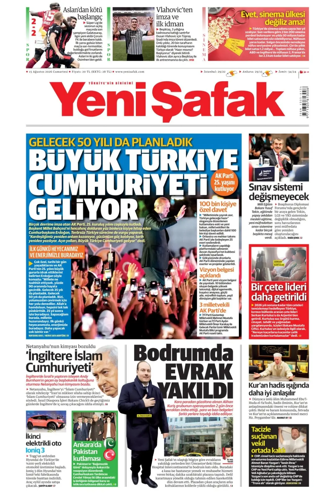 Yeni Şafak Gazetesi gazetesi 15 Ağustos 2026 manşeti
