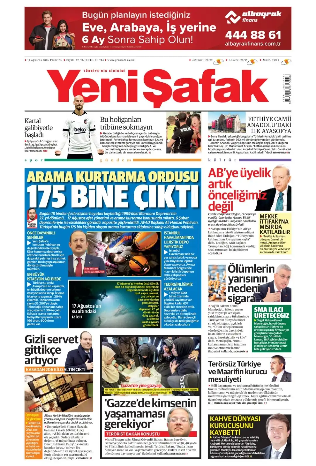 Yeni Şafak Gazetesi gazetesi 17 Ağustos 2026 manşeti