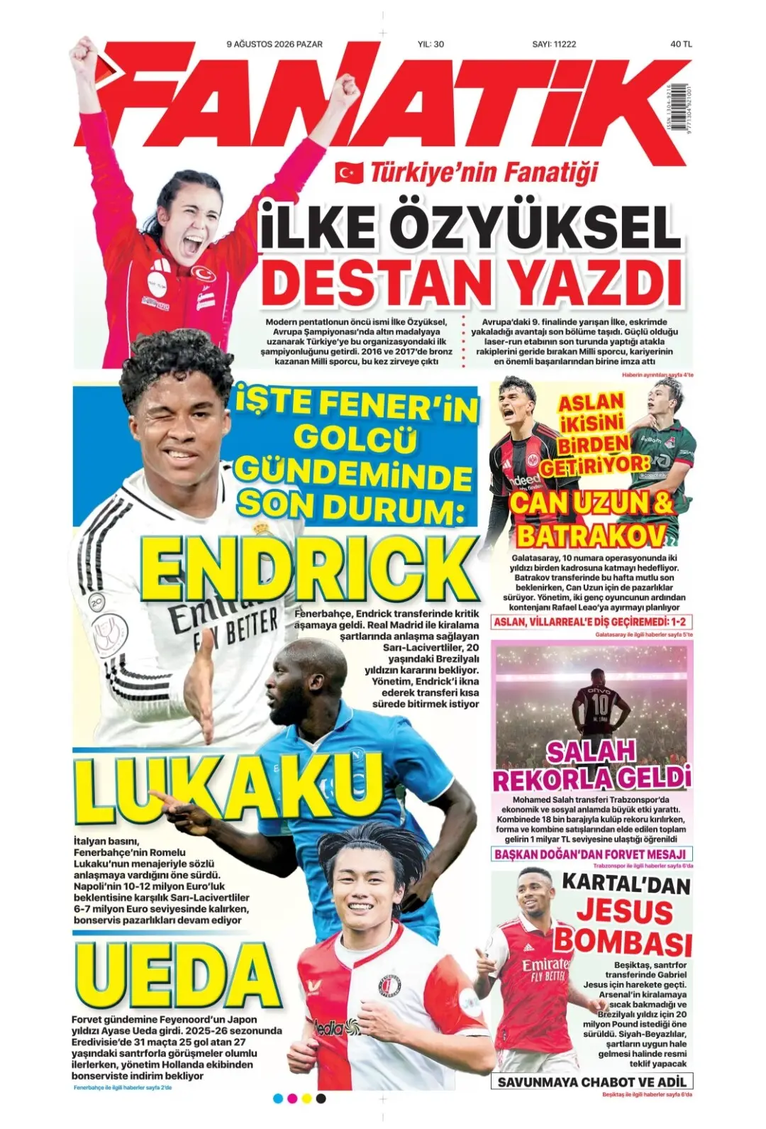 Fanatik Gazetesi gazetesi 09 Ağustos 2026 manşeti
