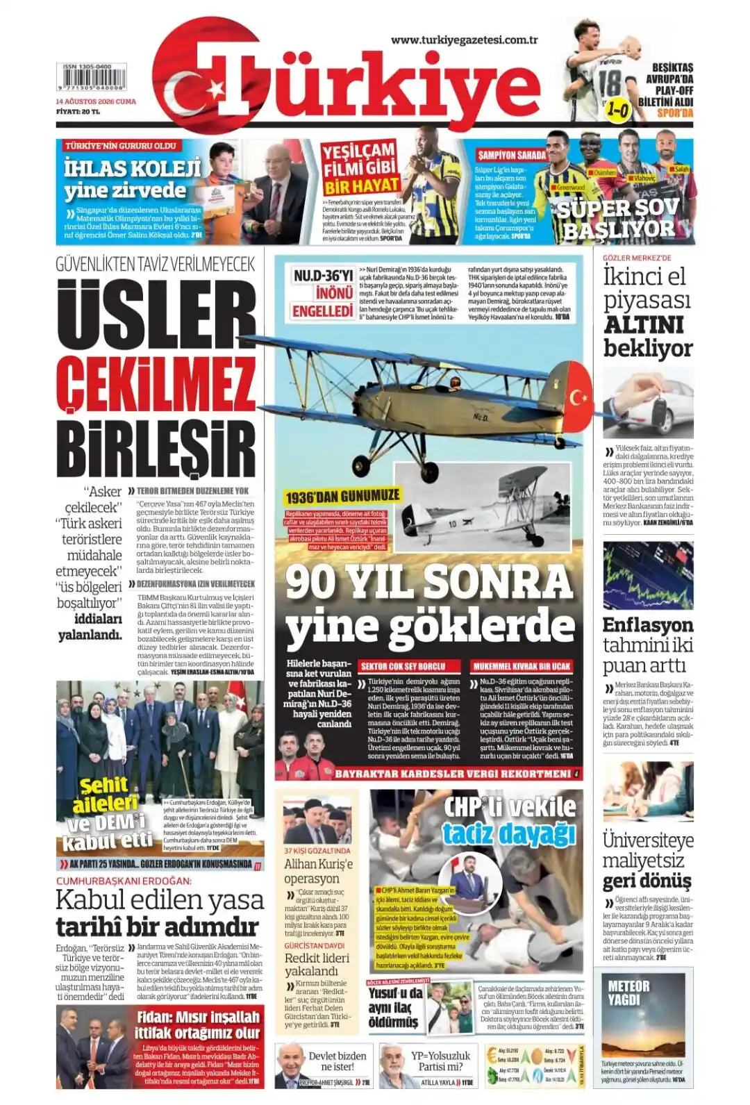 Türkiye Gazetesi gazetesi 14 Ağustos 2026 manşeti