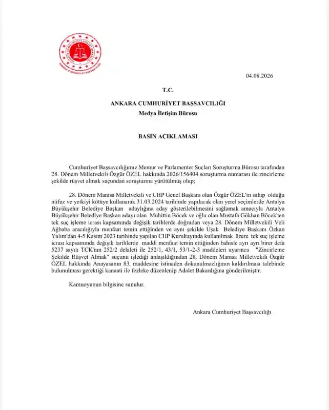 Başsavcılık tarafından yapılan açıklamada, Özgür Özel'in sahip olduğu nüfuz ve yetkiyi kötüye kullandığı iddialarına yer verildi.